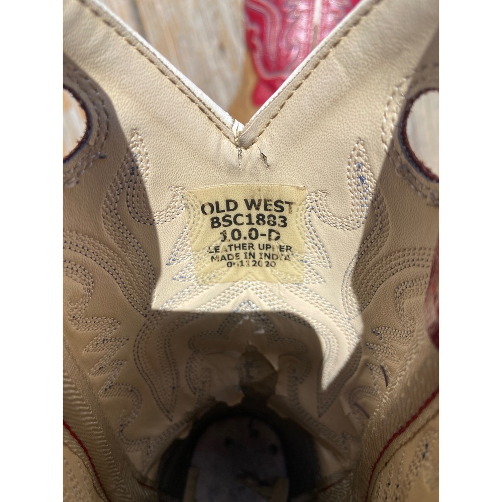 Old West Kids Cowboy Boots Tan Red Leather Square Size 10 D Cute BrokeInAleady! - Picture 3 of 8